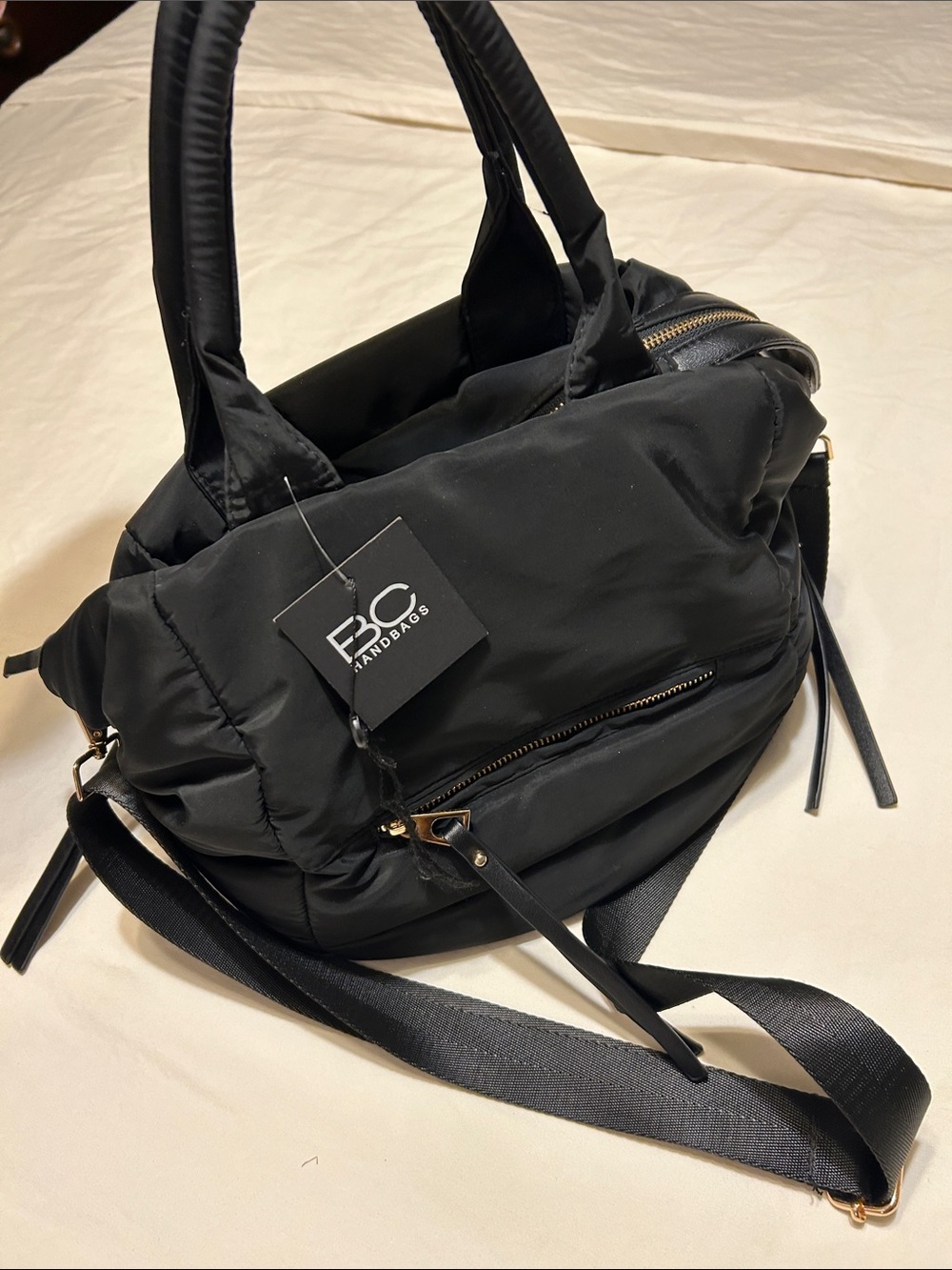 Black Puffer Shoulder Bag with Detachable Strap